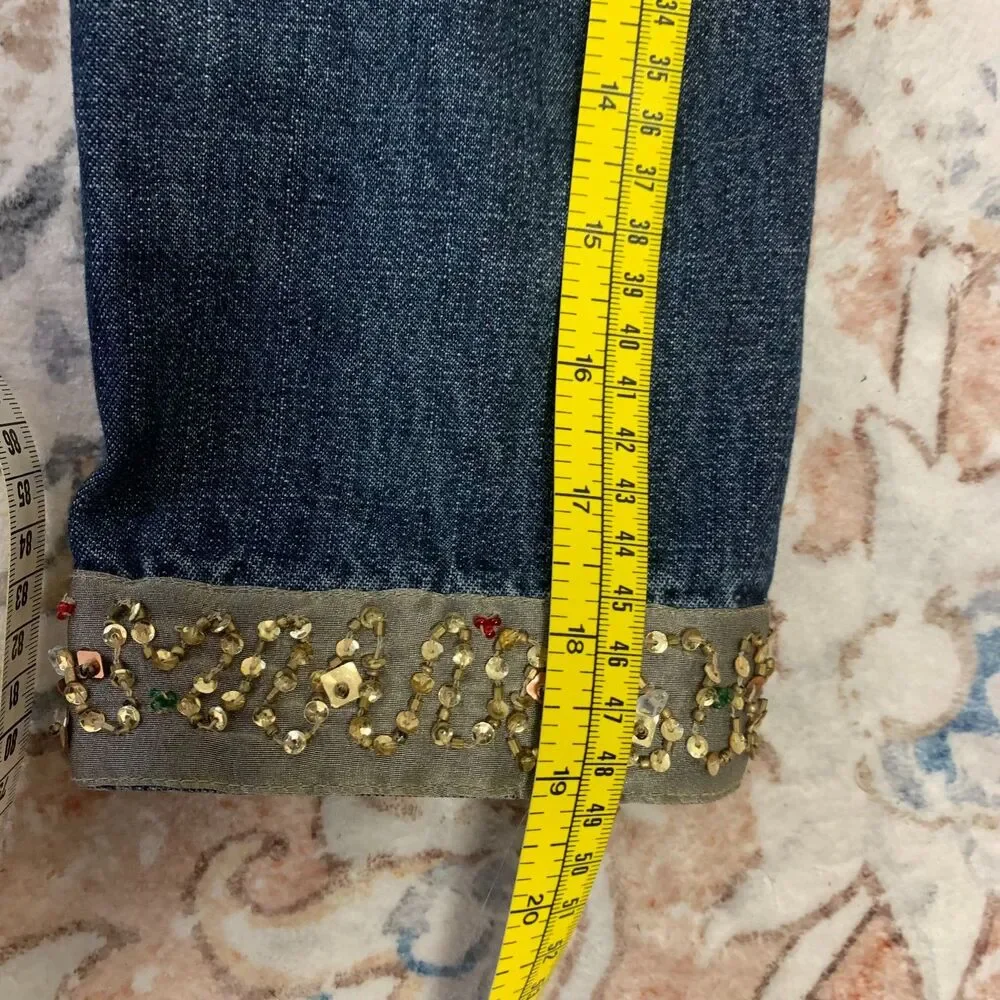 First Issue Womens Jean Jacket Sequined Trim Collar Cuffs Hidden Snaps‎ Large